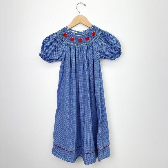 Anavini Kids Blue Gingham Smocked Worm and Apple Puff Sleeve Maxi Dress - Picture 1 of 7